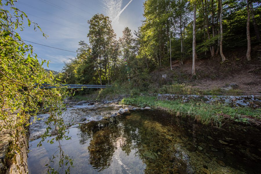 Řeka Hučivá Desná protékající za objektem